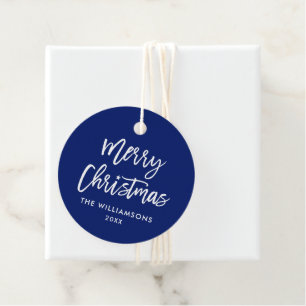 Modern Brush Script Christmas Star Blue Favour Tags