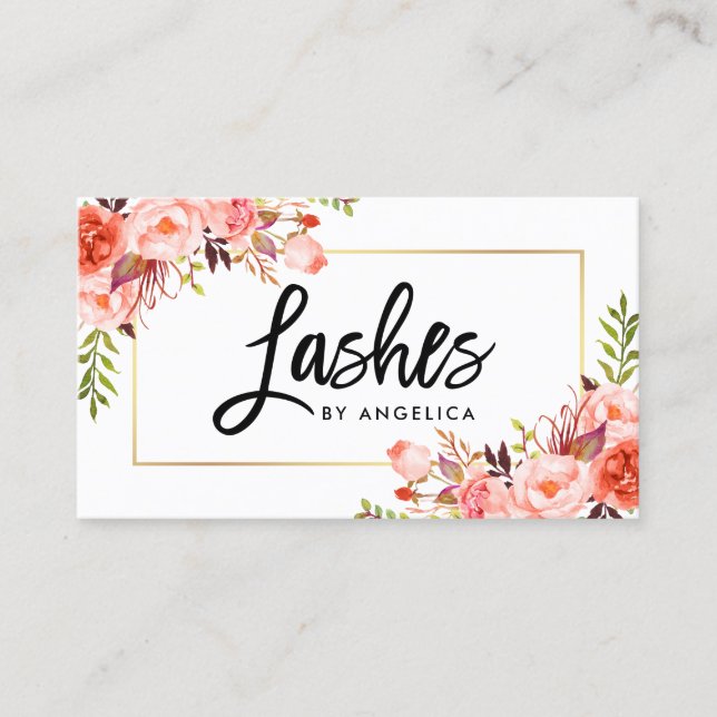 Modern Brush Script Coral Floral Lashes Business Card (Front)