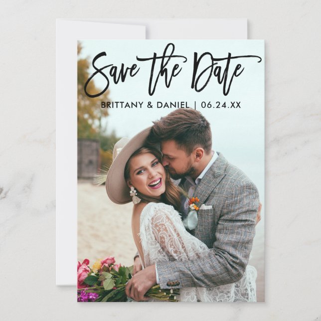 Modern Brush Script Couple Photo B Save The Date (Front)