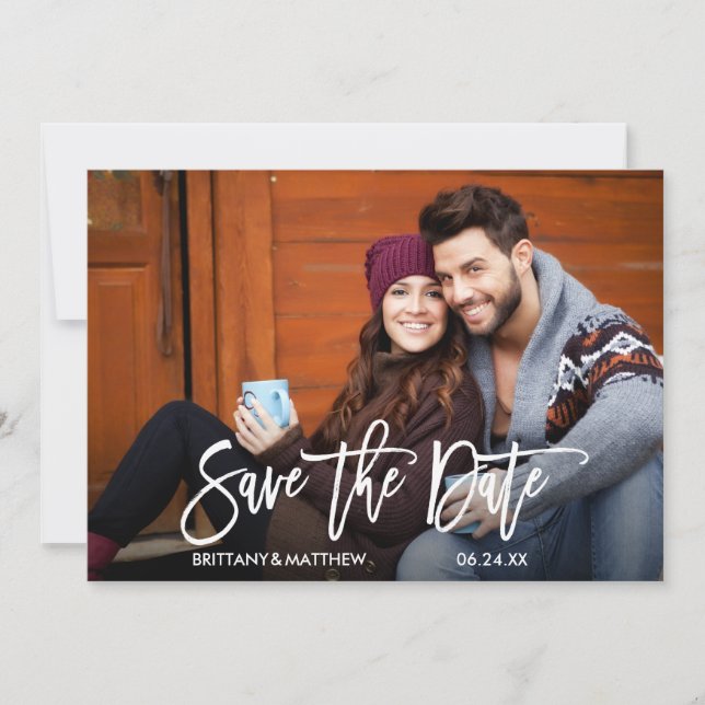 Modern Brush Script Couple Photo Engagement Save The Date (Front)