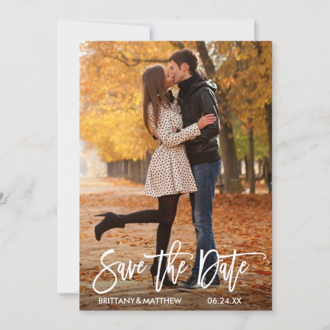 Modern Brush Script Couple Photo Save The Date (Front)