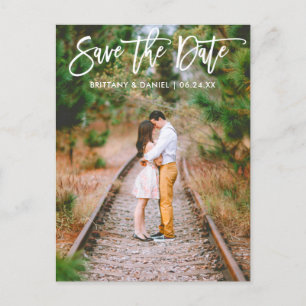 Modern Brush Script Couple Photo Save The Date Postcard
