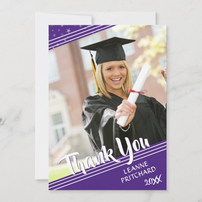 Modern Brush Script Diagonal Photo Stars Purple Thank You Card (Front)