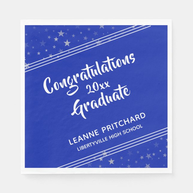 Modern Brush Script Diagonal Stars Name Royal Blue Napkin (Front)