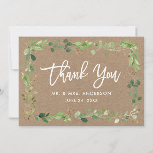 Modern Brush Script Eucalyptus Kraft Thank You Card