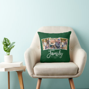 Modern Brush Script Family 3 Photo Green Cushion