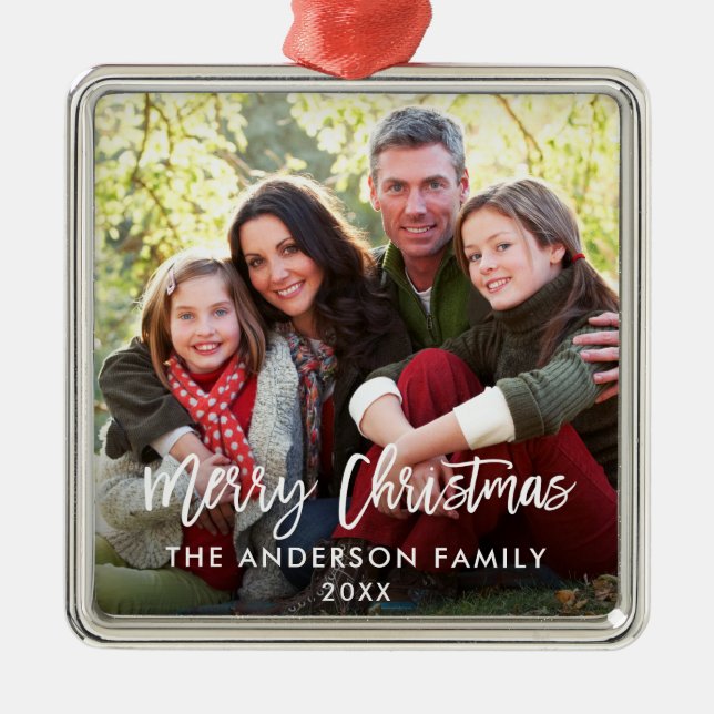 Modern Brush Script Family Photo Christmas Sq Metal Tree Decoration (Front)