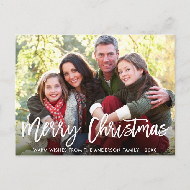 Modern Brush Script Family Photo Merry Christmas Postcard (Front)