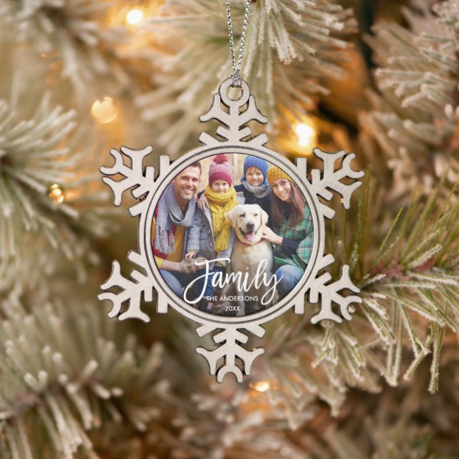 Modern Brush Script Family Photo Snowflake Pewter Christmas Ornament (Tree)
