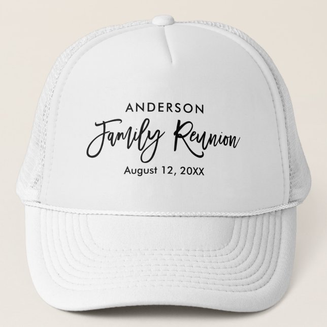 Modern Brush Script Family Reunion Trucker Hat (Front)