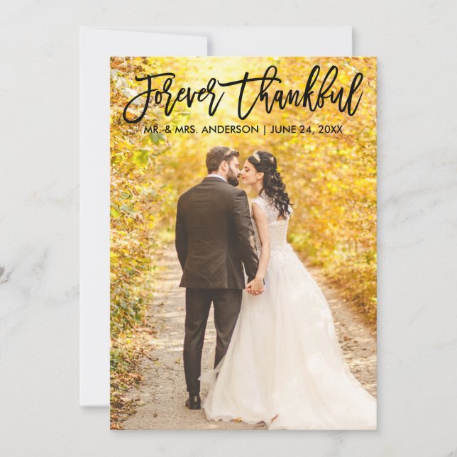 Modern Brush Script Forever Thankful Wedding Photo Thank You Card (Front)