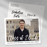 Modern Brush Script Framed Photo Graduation Party Postcard<br><div class="desc">Stylish, modern graduation party invitation postcards featuring the graduate's photo framed in white with "Class of 2025" in a white, watercolor brush script overlay. Personalise the front by adding the graduate's name and school name in black text. The invite reverses to display your return address and graduation party details in...</div>