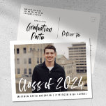 Modern Brush Script Framed Photo Graduation Party Postcard<br><div class="desc">Stylish, modern graduation party invitation postcards featuring the graduate's photo framed in white with "Class of 2024" in a white, watercolor brush script overlay. Personalise the front by adding the graduate's name and school name in black text. The invite reverses to display your return address and graduation party details in...</div>