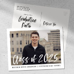 Modern Brush Script Framed Photo Graduation Party Postcard<br><div class="desc">Stylish, modern graduation party invitation postcards featuring the graduate's photo framed in white with "Class of 2025" in a white, watercolor brush script overlay. Personalise the front by adding the graduate's name and school name in black text. The invite reverses to display your return address and graduation party details in...</div>