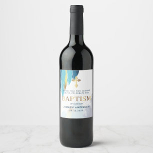 Modern Brush Script Gold And Blue Baptism Wine Label