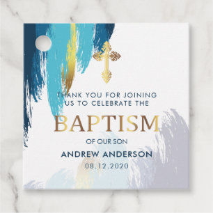 Modern Brush Script Gold & Blue Thank You Baptism Favour Tags