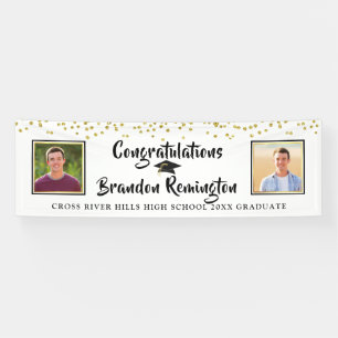 Modern Brush Script Gold Confetti Graduation Black Banner