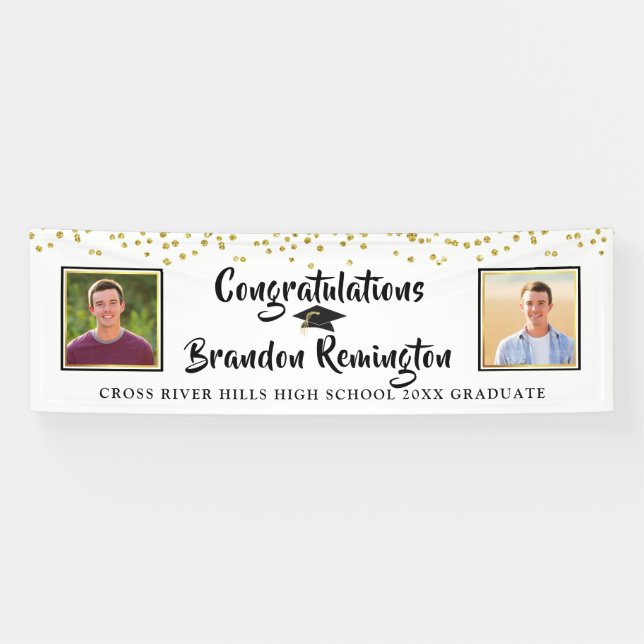 Modern Brush Script Gold Confetti Graduation Black Banner (Horizontal)