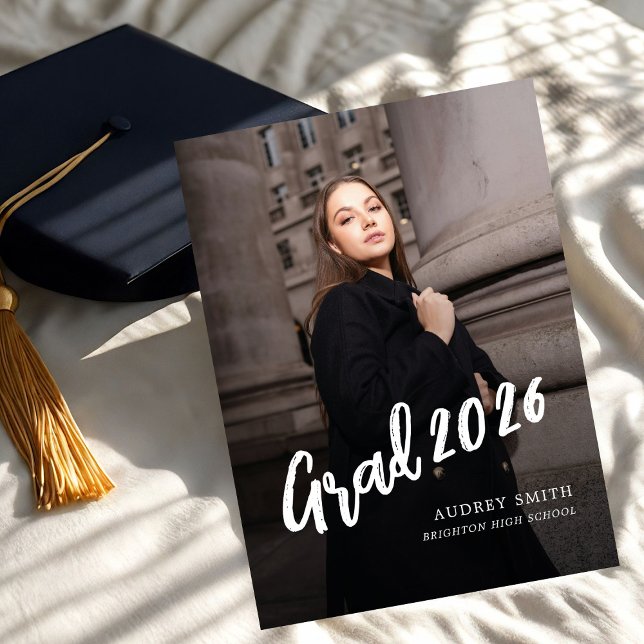 Modern Brush Script Grad Photo Graduation Announcement (Creator Uploaded)