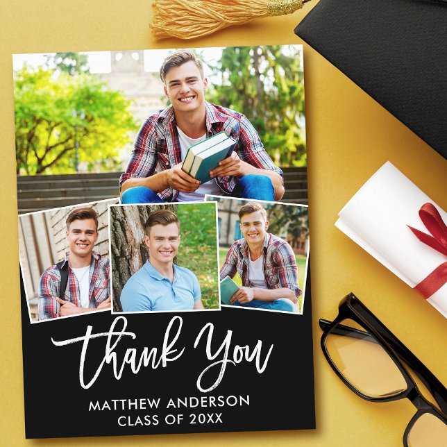 Modern Brush Script Graduation 4 Photo Thank You Postcard (Customize to change your personalized text size or text style.)