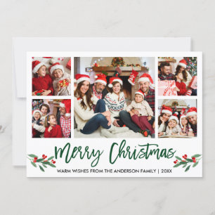 Modern Brush Script Green 5 Photo Family Christmas Holiday Card
