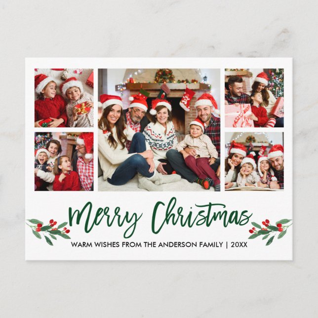 Modern Brush Script Green 5 Photo Family Christmas Postcard (Front)
