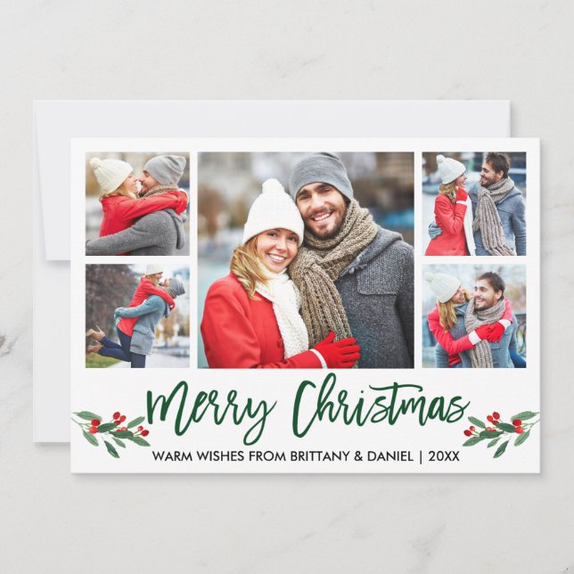 Modern Brush Script Green 5 Photo Merry Christmas Holiday Card (Front)
