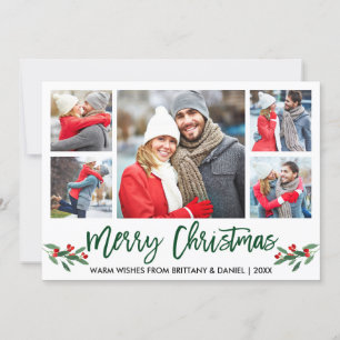 Modern Brush Script Green 5 Photo Merry Christmas Holiday Card