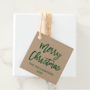 Modern Brush Script Green Christmas Kraft Square Favour Tags