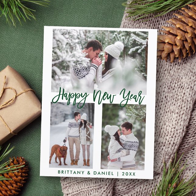 Modern Brush Script Green Happy New Year 3 Photo Postcard (Customize to change your personalized text size or text style.)