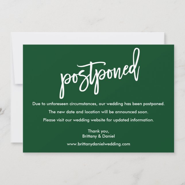 Modern Brush Script Green Wedding Postponed Card (Front)