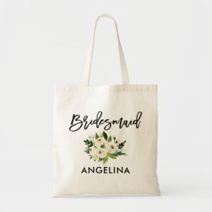 Modern Brush Script Green White Floral Bridesmaid Tote Bag