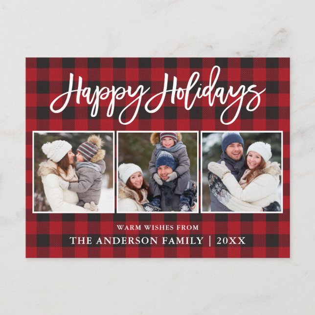Modern Brush Script Happy Holidays 3 Photo Plaid Postcard (Front)