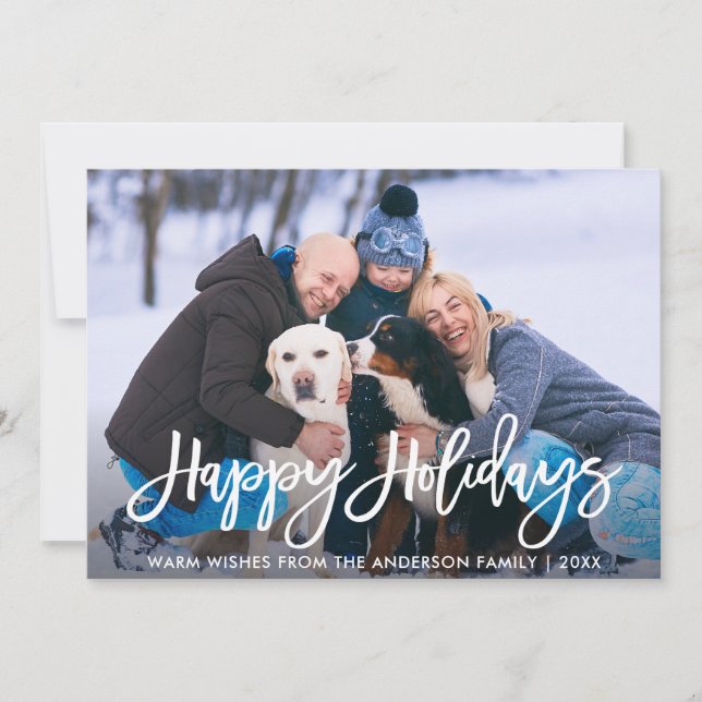 Modern Brush Script Happy Holidays Family Photo Holiday Card (Front)