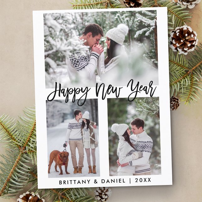 Modern Brush Script Happy New Year 3 Photo Holiday Postcard (Customize to change your personalized text size or text style.)