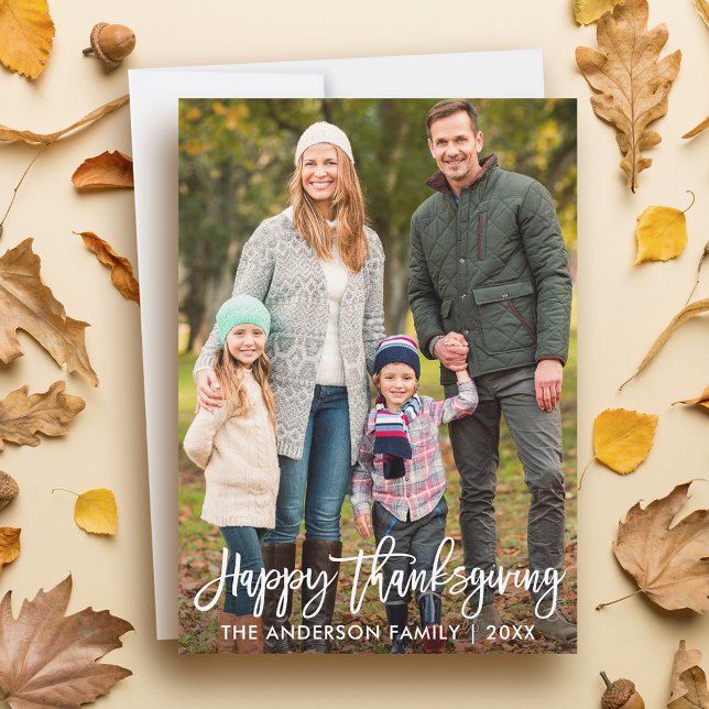 Modern Brush Script Happy Thanksgiving Photo Holiday Card (Customize to add text or more photos to back of card.)