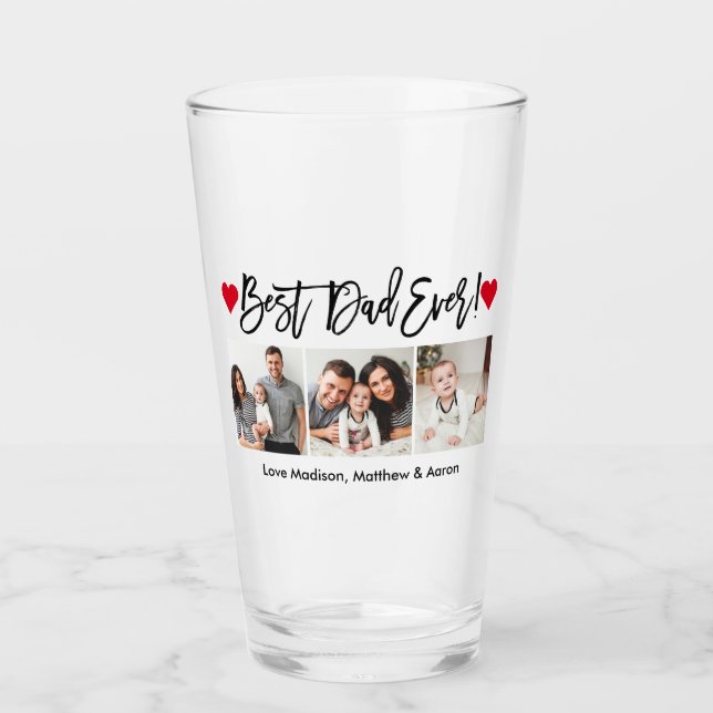 Modern Brush Script Hearts 3 Photo Best Dad Ever Glass (Front)