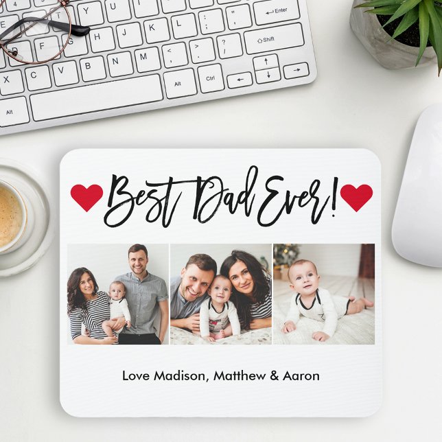 Modern Brush Script Hearts 3 Photo Best Dad Ever  Mouse Mat (Customize to change your personalized text size or text style.)