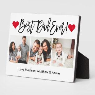 Modern Brush Script Hearts 3 Photo Best Dad Ever Plaque