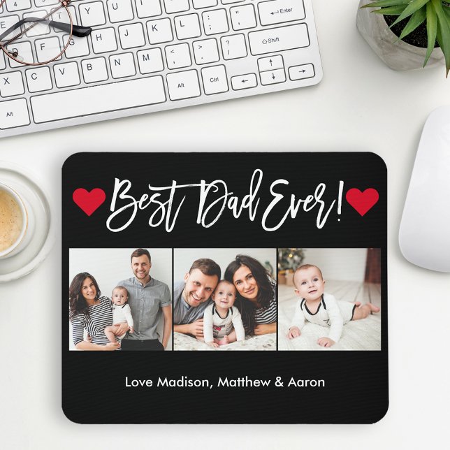 Modern Brush Script Hearts 3 Photos Best Dad Ever Mouse Mat (Customize to change your personalized text size or text style.)