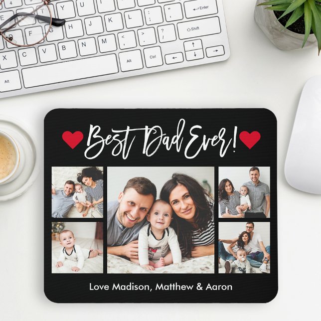 Modern Brush Script Hearts 5 Photos Best Dad Ever Mouse Mat (Customize to change your personalized text size or text style.)