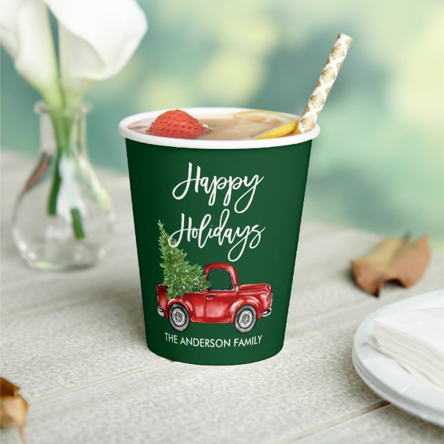 Modern Brush Script Holidays Red Truck Green Paper Cups (Insitu)