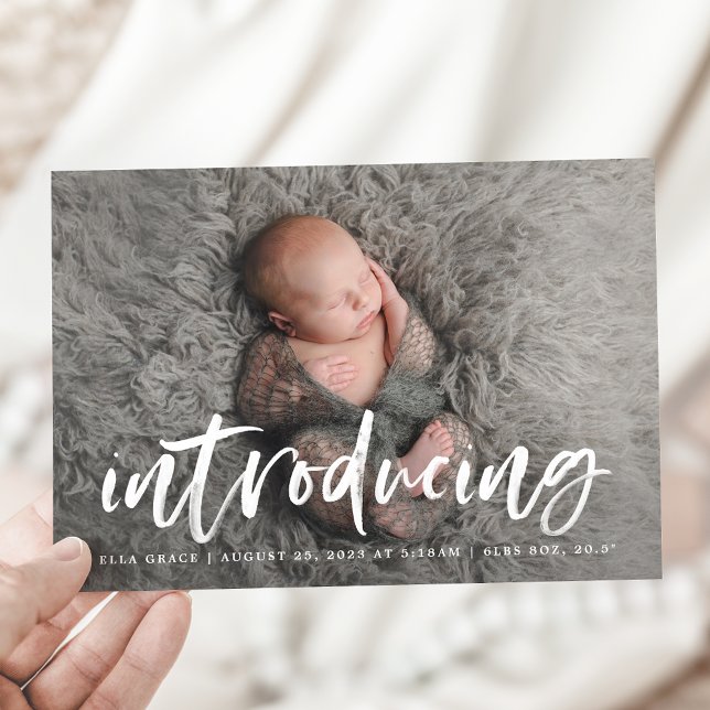 Modern Brush Script Introducing Photo Birth Announcement (Creator Uploaded)