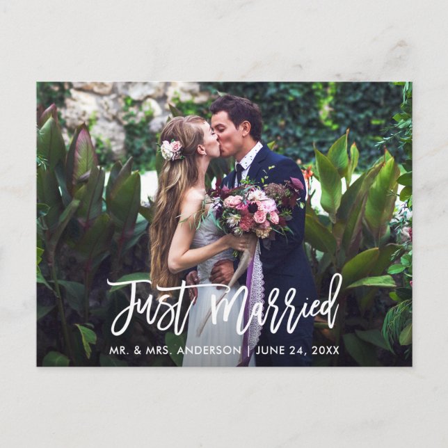 Modern Brush Script Just Married Wedding Photo Postcard (Front)