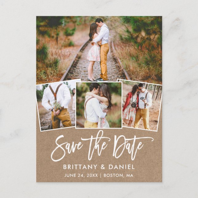 Modern Brush Script Kraft Save The Date 4 Photo Postcard (Front)