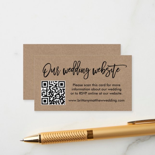 Modern Brush Script Kraft Wedding Website QR Enclosure Card (Front/Back In Situ)