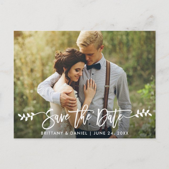 Modern Brush Script Leaves Photo Save The Date Postcard (Front)