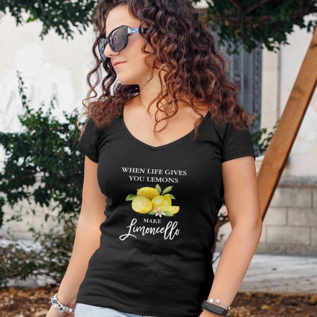 Modern Brush Script Limoncello Lemons Black V-Neck T-Shirt (Many shirt sizes, colors & styles to choose from.)