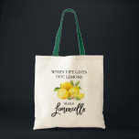 Modern Brush Script Limoncello Lemons Green Handle Tote Bag<br><div class="desc">Modern Brush Script Watercolor Lemons When Life Gives You Lemons Make Limoncello Green Handle Tote Bag</div>