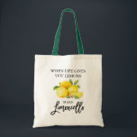 Modern Brush Script Limoncello Lemons Green Handle Tote Bag<br><div class="desc">Modern Brush Script Watercolor Lemons When Life Gives You Lemons Make Limoncello Green Handle Tote Bag</div>